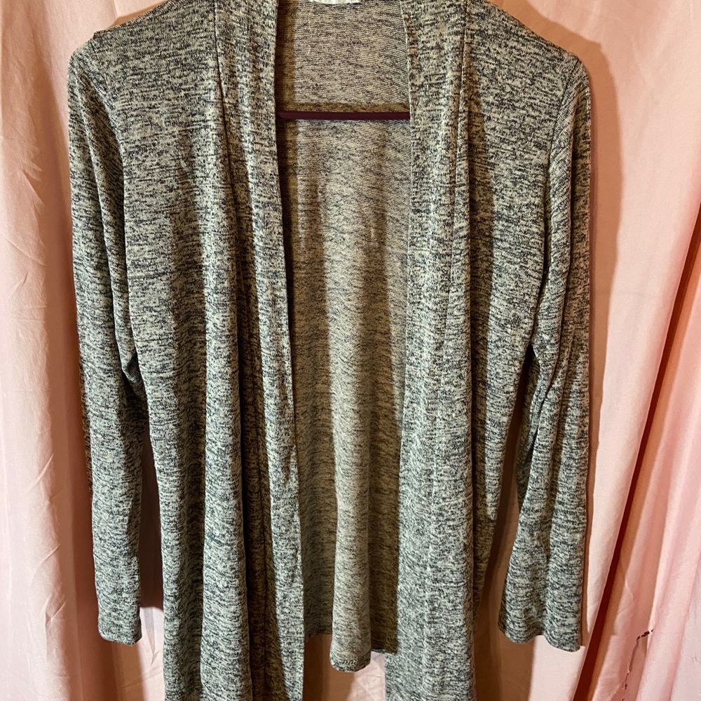 Gray, tan cardigan